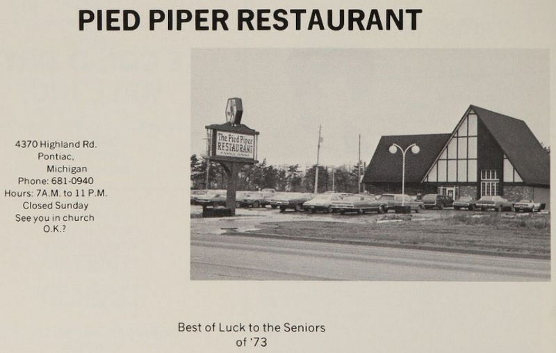 Pied Piper Restaurant - 1973 Waterford Twp High Yearbook Ad (newer photo)